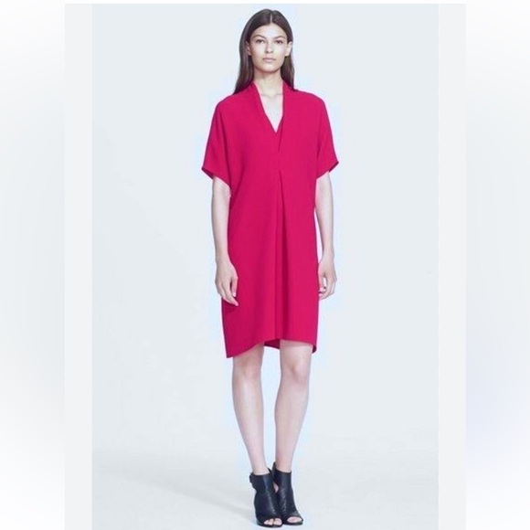 VINCE Pink Magenta Double V Inverted Pleated Drop Shoulder Shift Dress S = 4/6 - Picture 3 of 6
